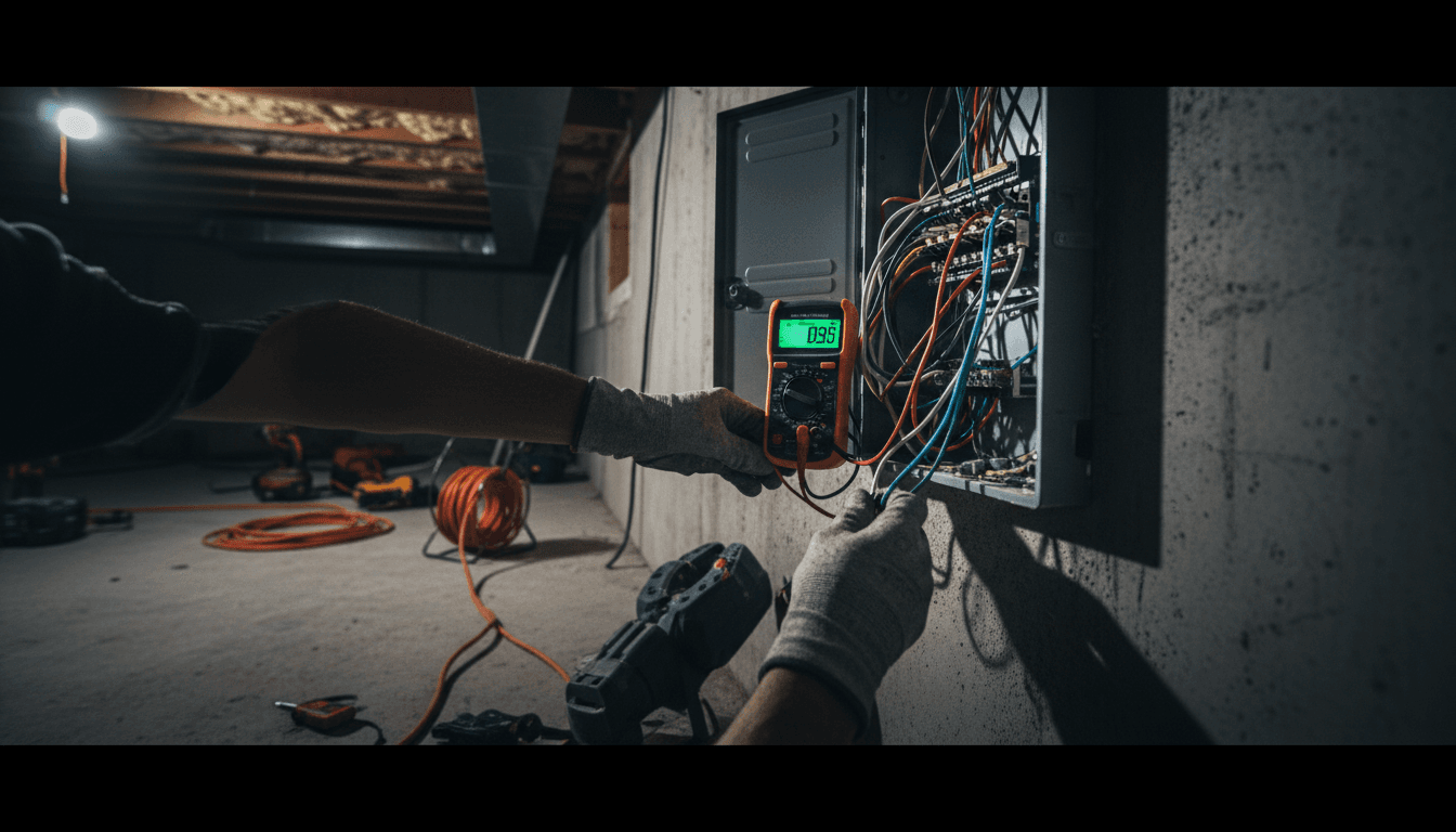 Electrician installing electrical panel in a residential basement