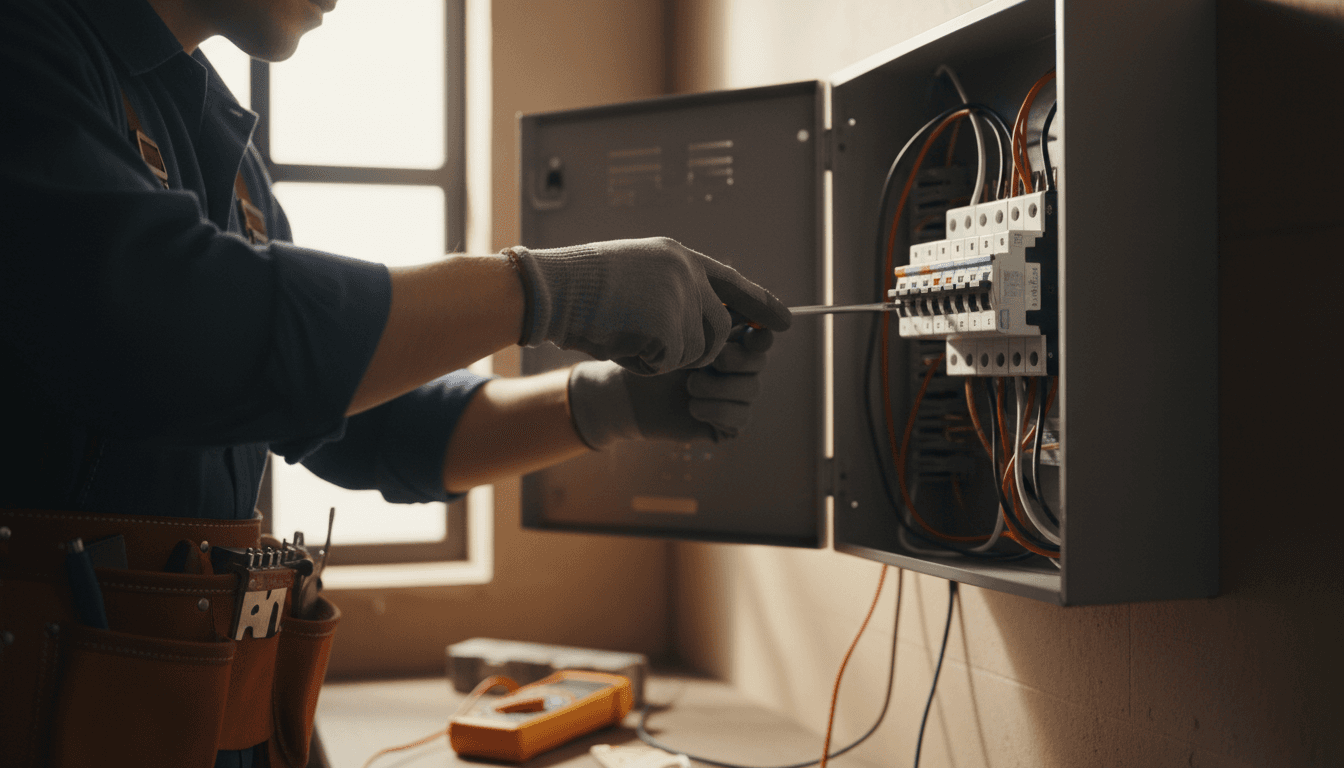 Electrician working on a residential electrical panel with tools in hand