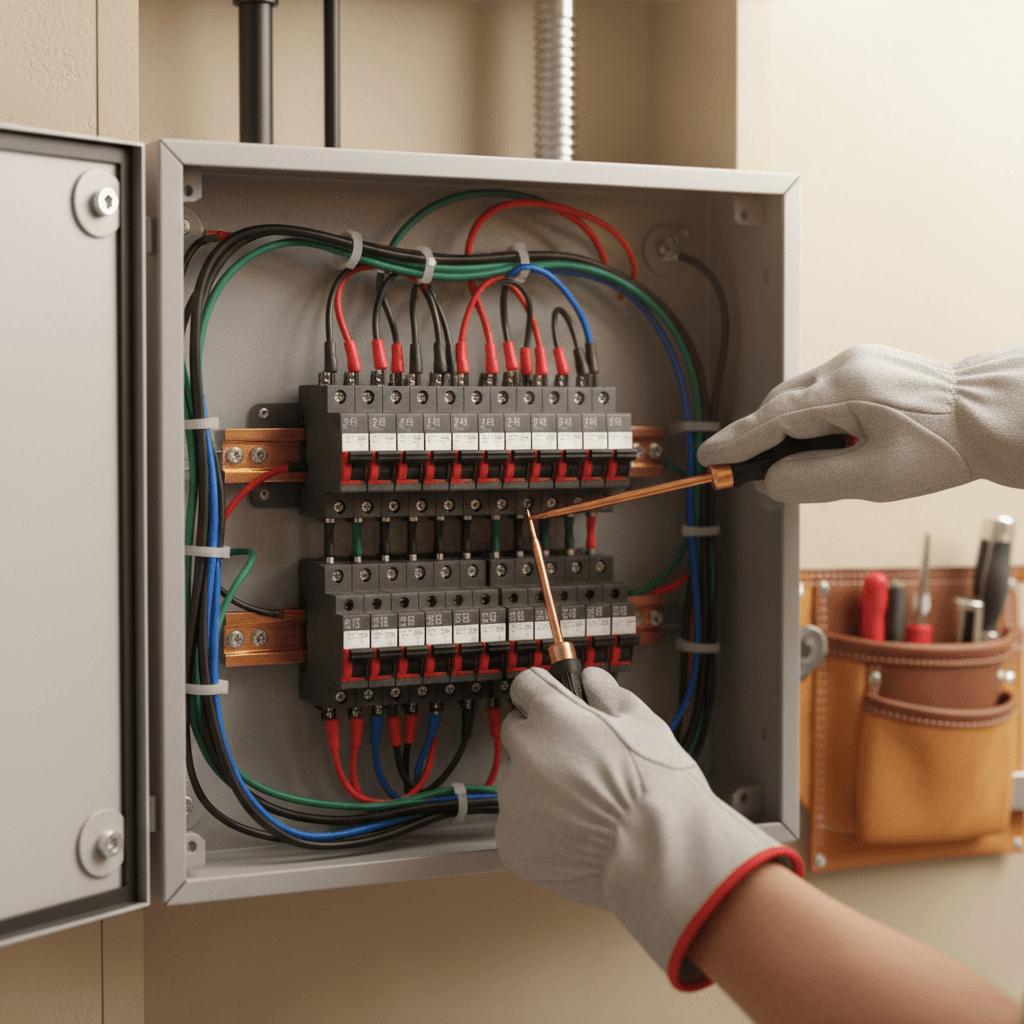 Electrician's hands wiring a breaker panel