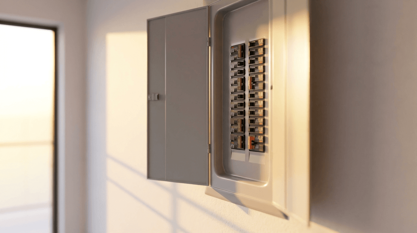 Electrician's hands working on a circuit breaker panel with tools