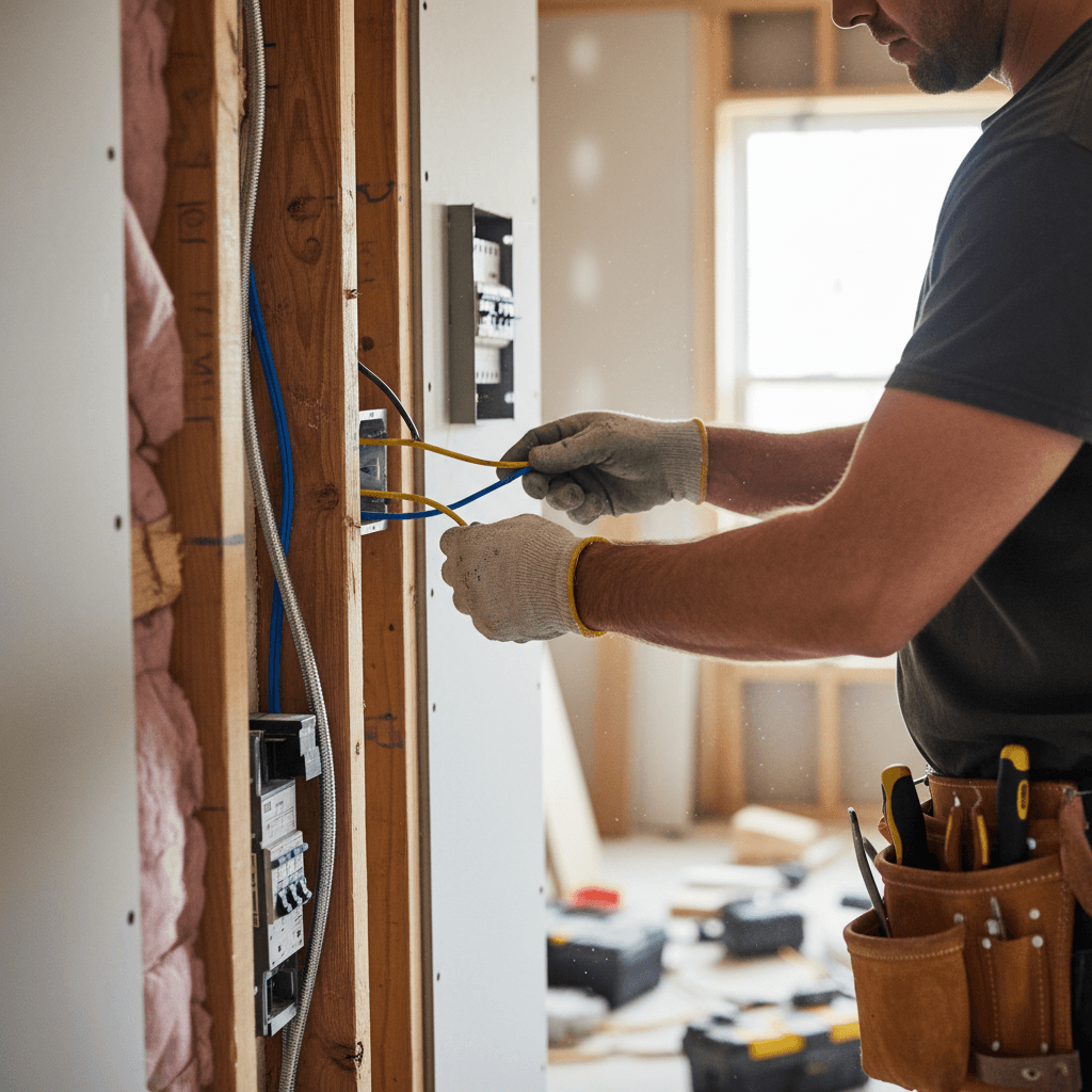 Electrician feeding electrical cable through wall studs in a new basement renovation